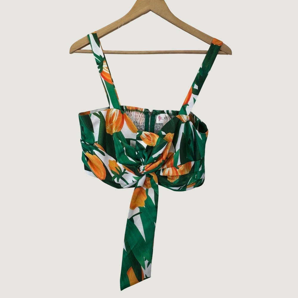 L'atiste Floral Tulip Crop Top Large Green Orange Tie Front Smocked Bustier